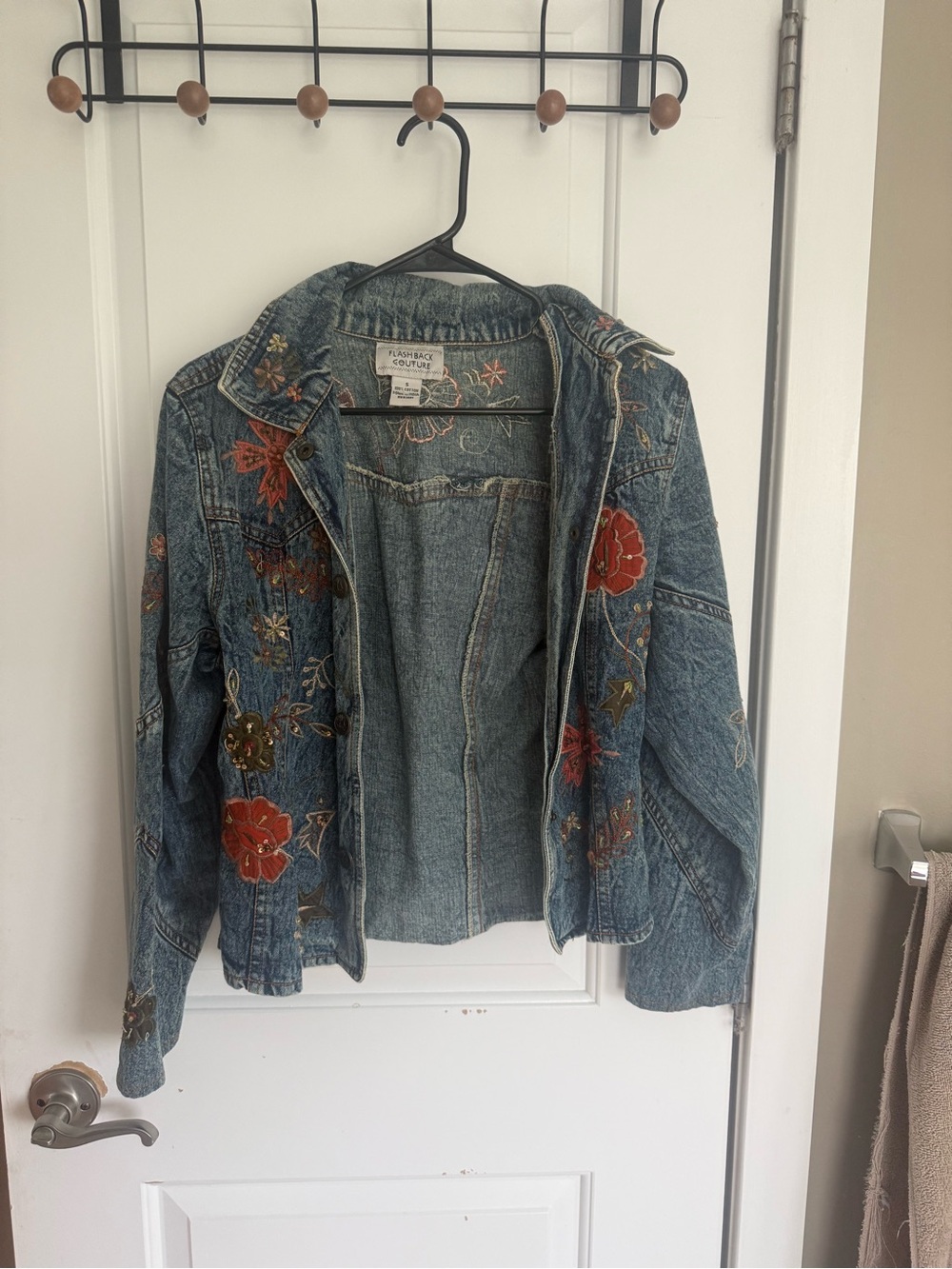Floral Embroidered Blue Denim Jacket by Flashback Couture